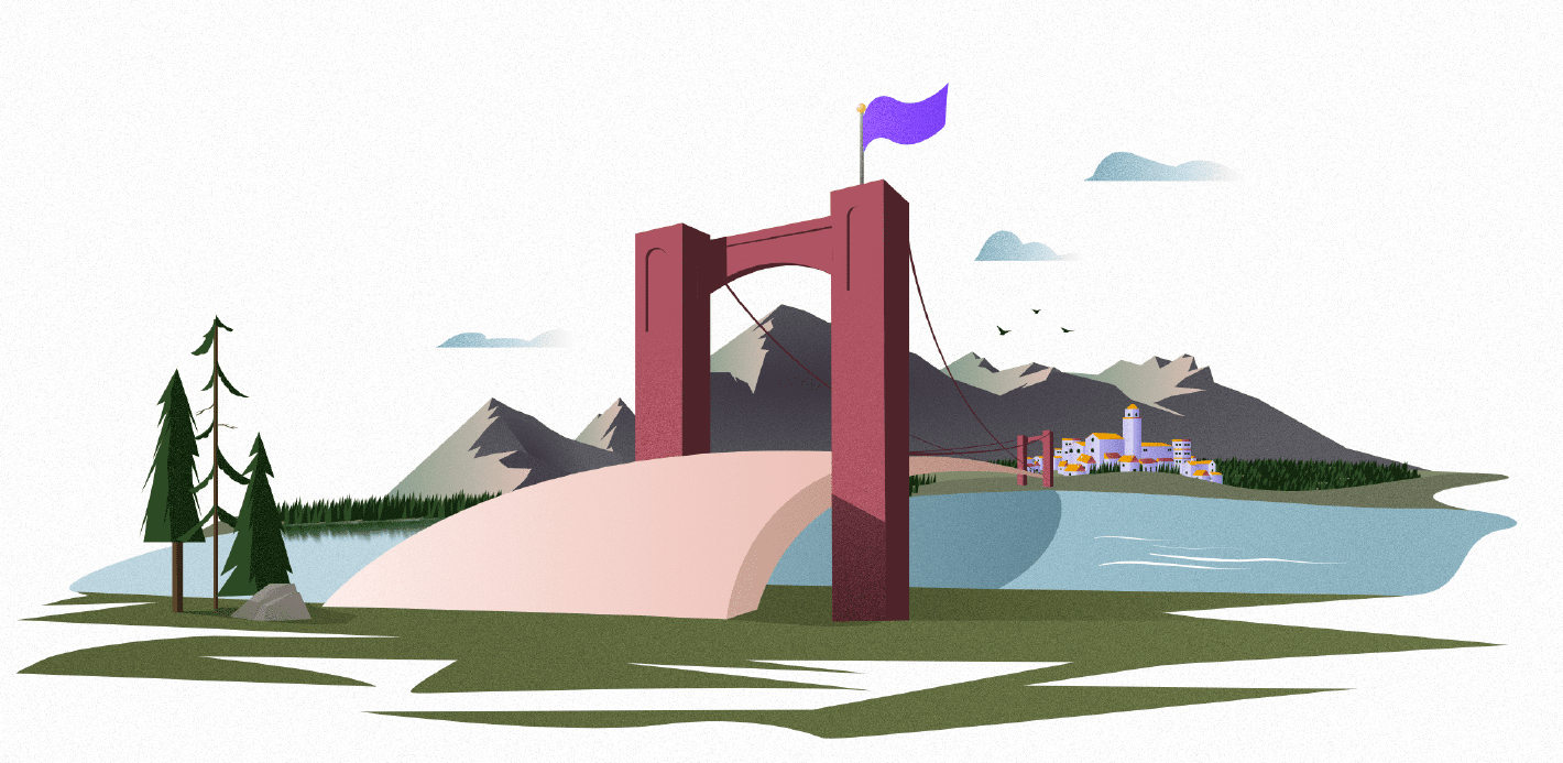 A bridge in nature leading to a city. The illustration is missing the noise texture