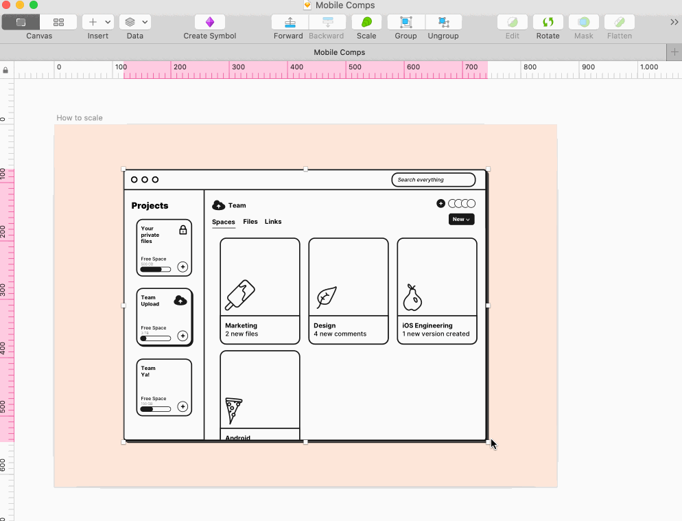 A gif showing how the scale tool works in Sketch
