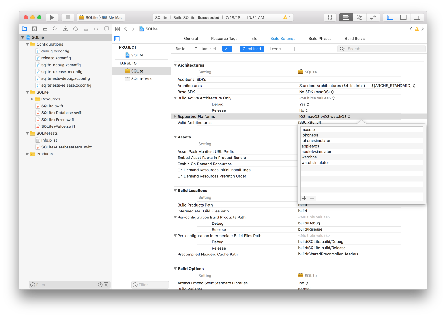 Screenshot of XCode with the SQLite project selected and showing the Build Settings with the Support Platforms build setting value expanded