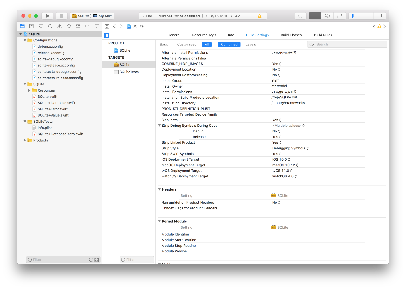 Screenshot of XCode with the SQLite project selected and showing the Build Settings including the deployment target variables
