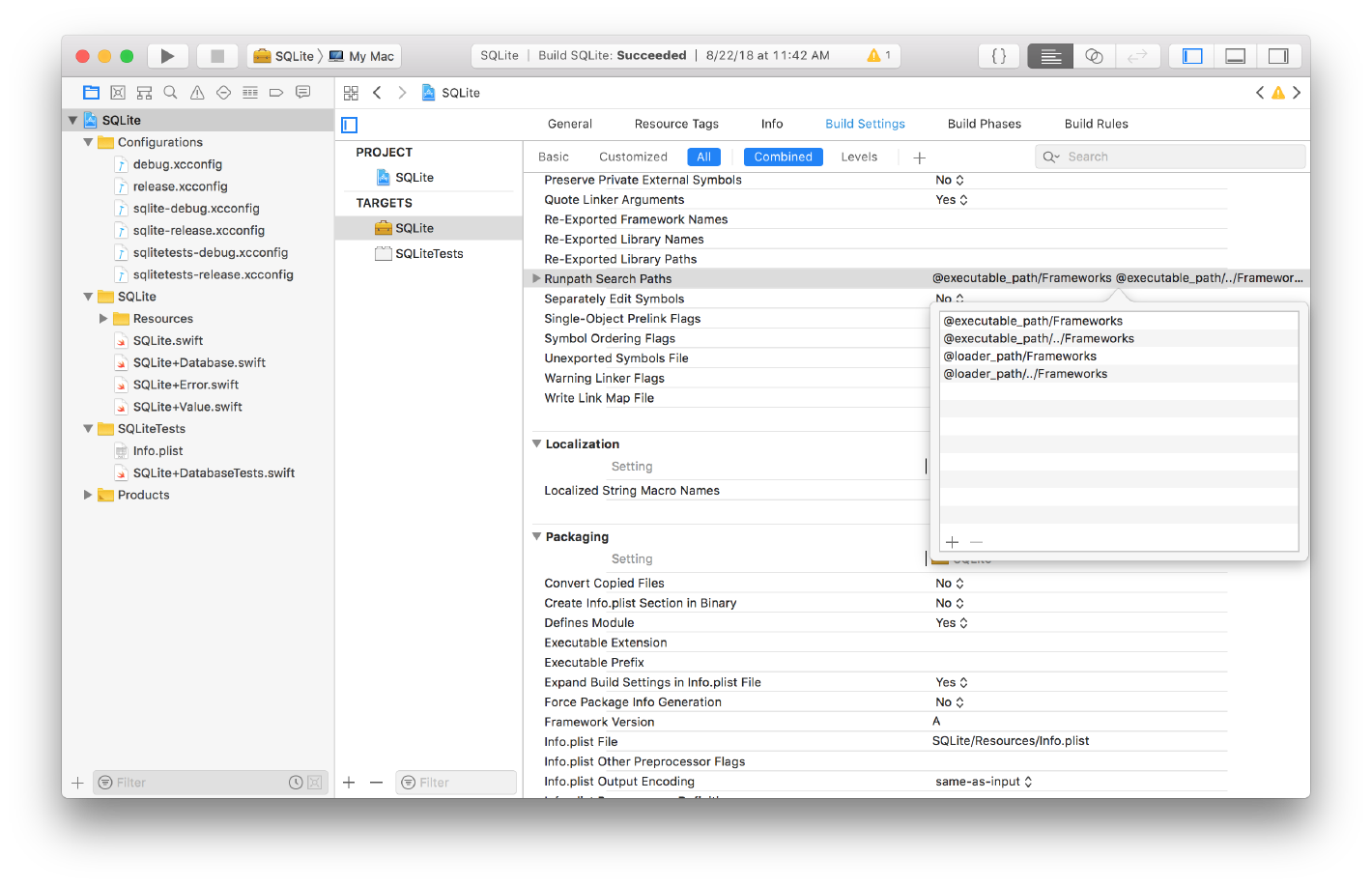 Screenshot of XCode with the SQLite project selected and showing the Build Settings with the Runpath Search Paths build setting value expanded