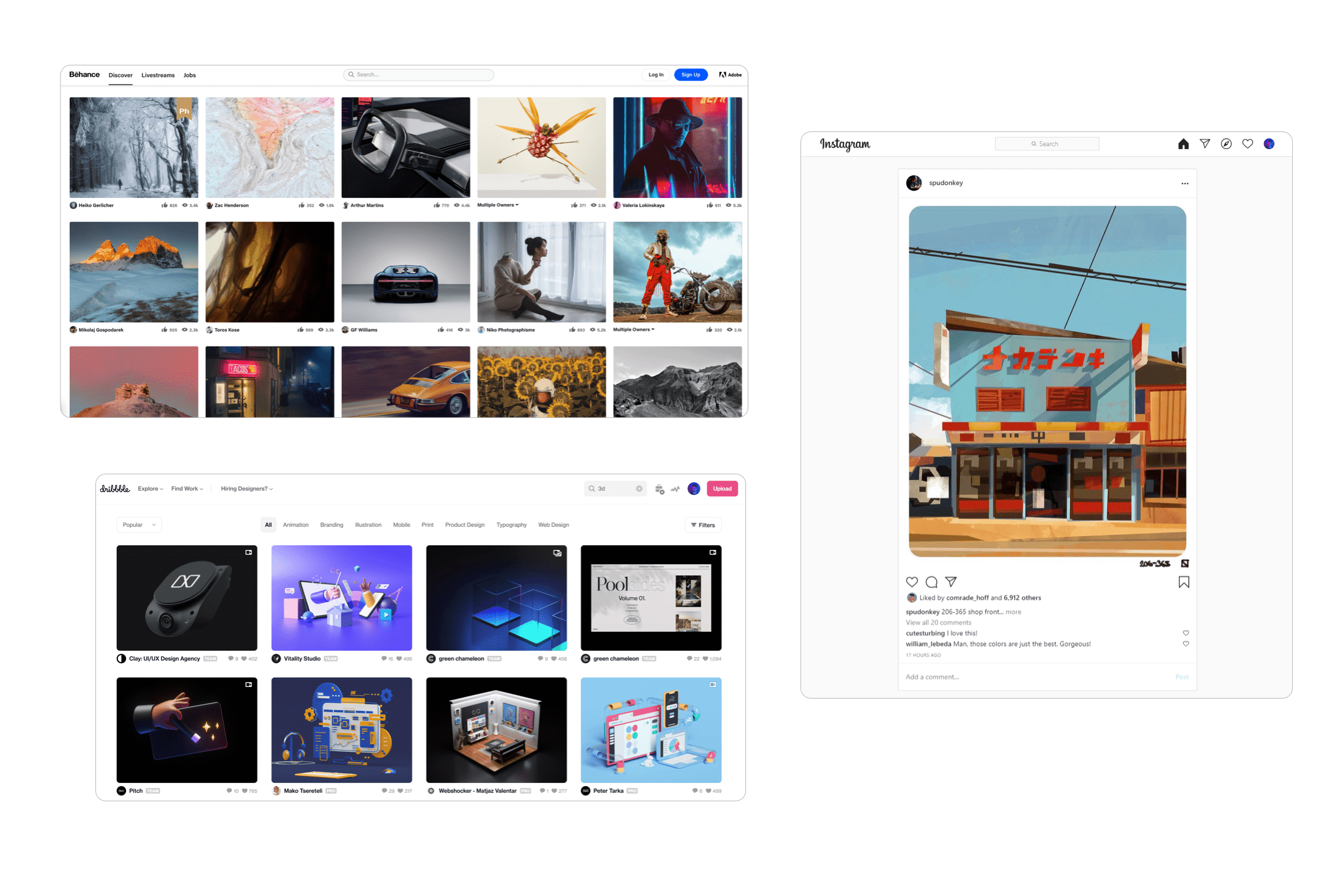 Collection of inspiration examples like behance, dribbble and instagram