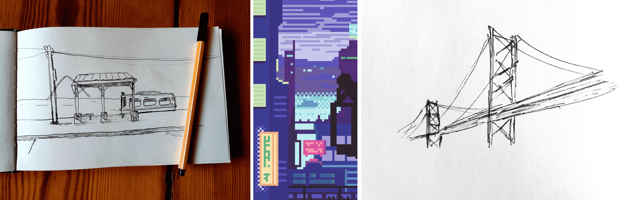 Small group of sketches and a pixel art piece