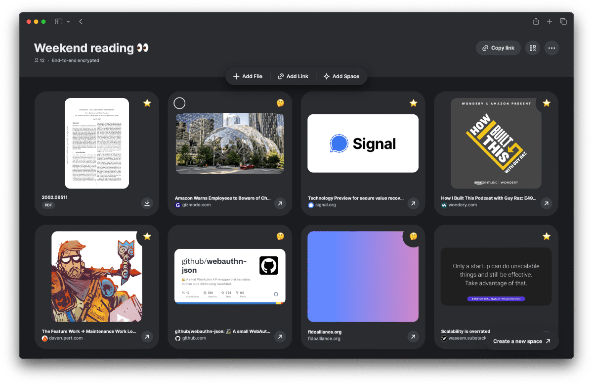 Screenshot of new.space showing 8 items in a Weekend Reading space