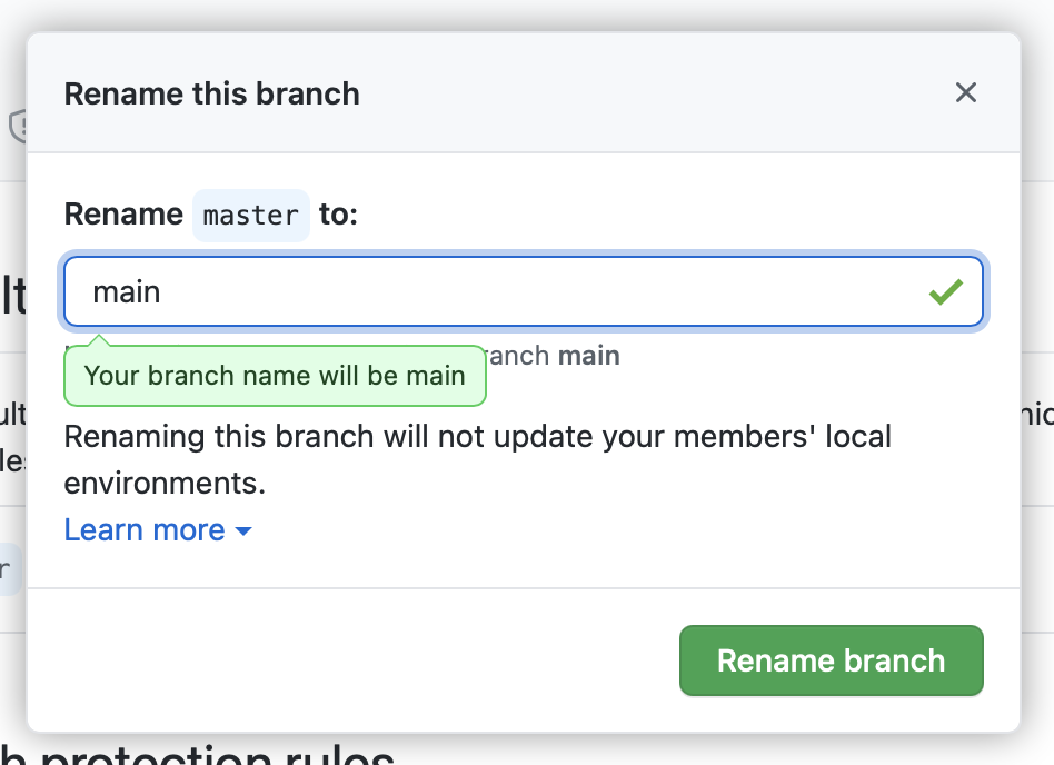 Screenshot of GitHub showing that a branch will be renamed to main.