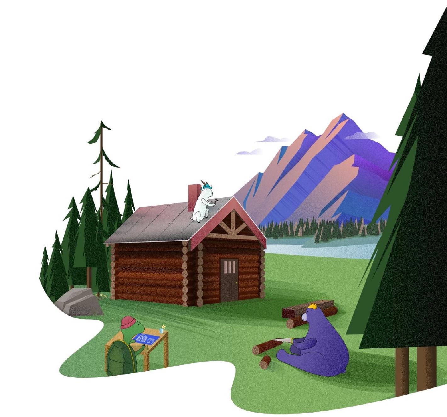 The Shareup hero image of a cabin by a mountain and river being built by a turtle, a goat and a bear