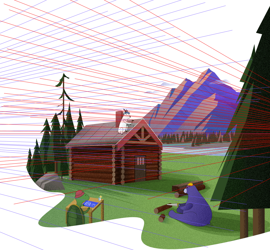 The Shareup hero image of a cabin by a mountain and river being built by a turtle, a goat, and a bear with perspective guide lines visible